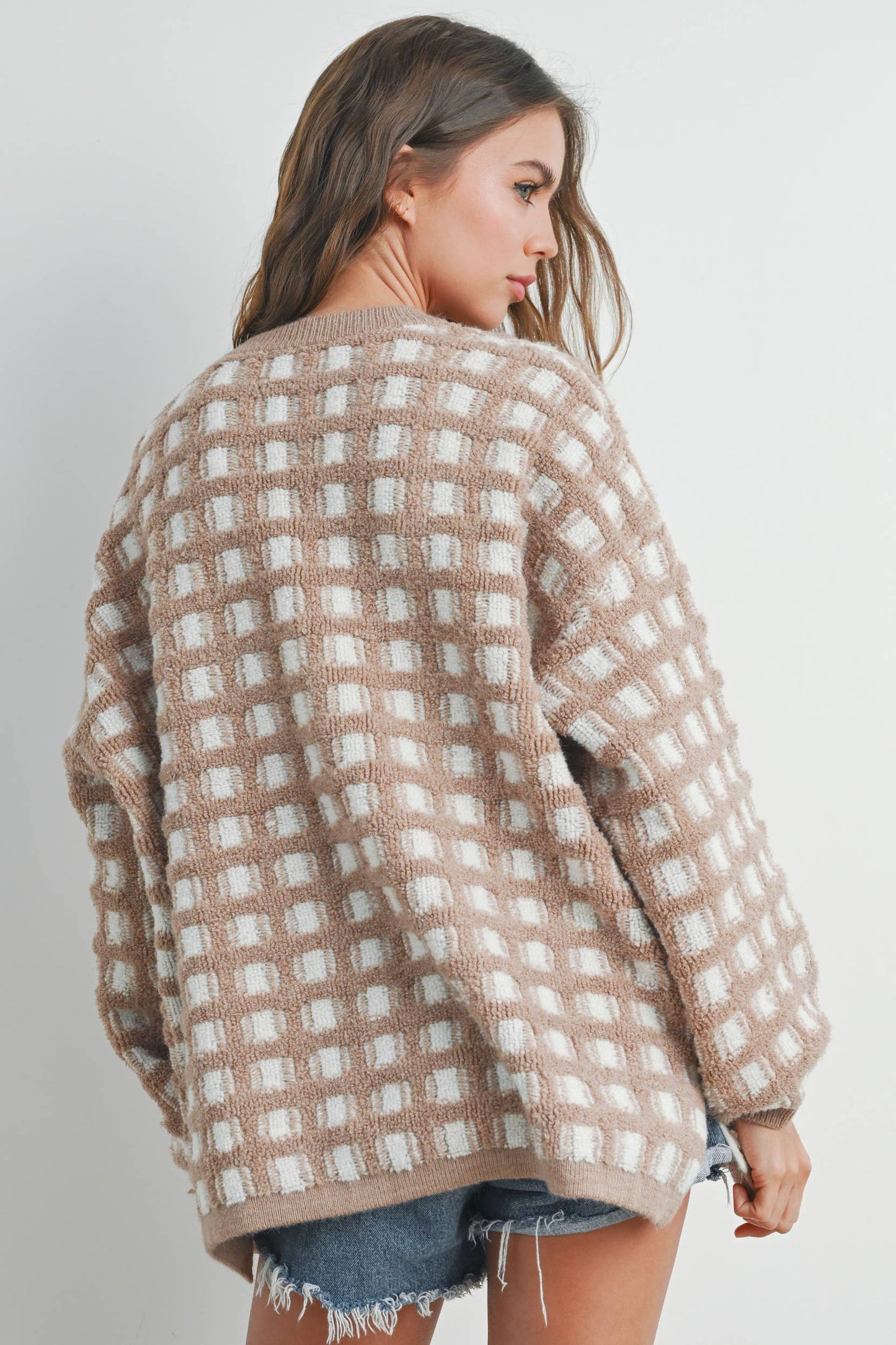 Taupe Checkered Oversized Sweater