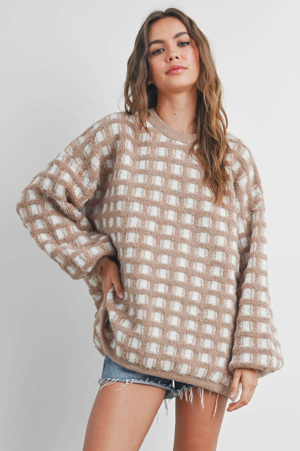 Taupe Checkered Oversized Sweater