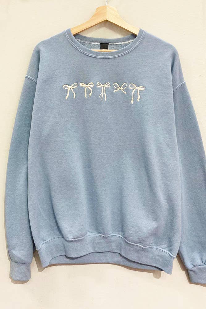 Embroidered Mini-Bows Dusty Blue Oversized Crewneck Sweatshirt