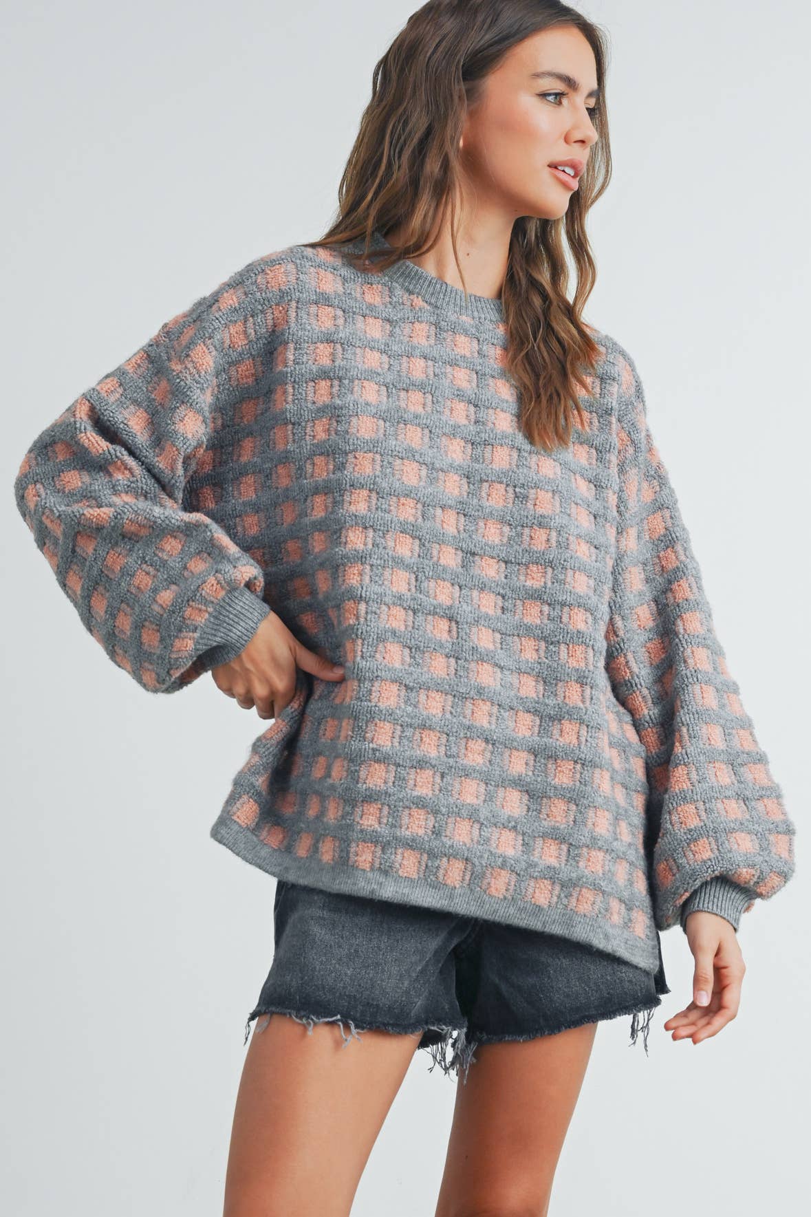 Taupe Checkered Oversized Sweater