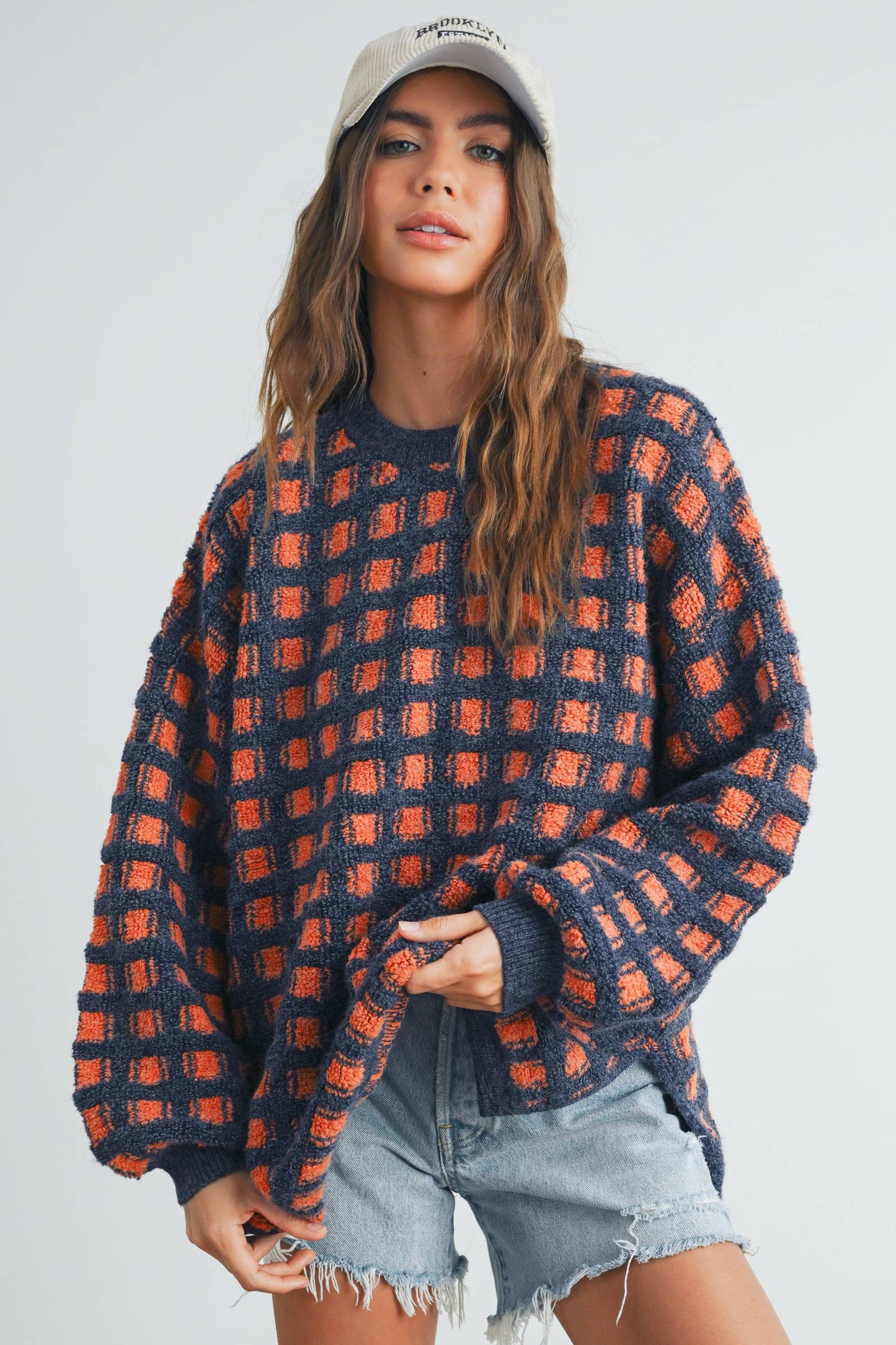 Taupe Checkered Oversized Sweater