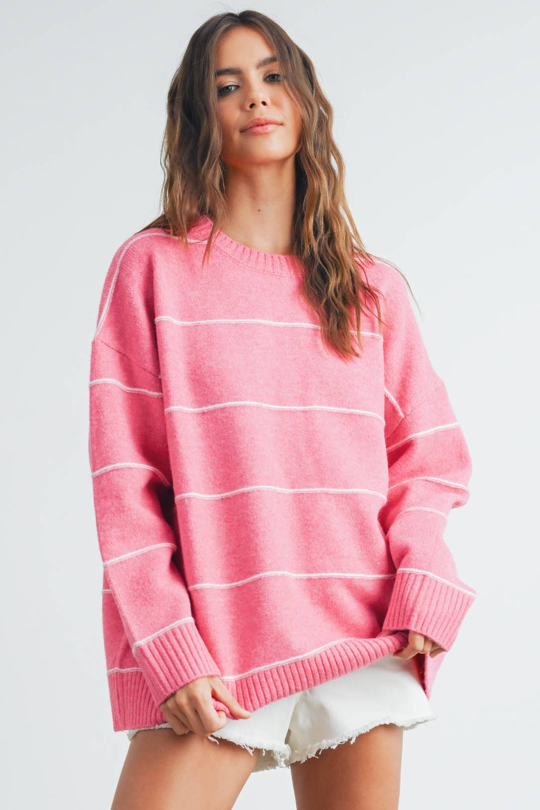 STRIPED PATTERN DROP SHOULDER SWEATER