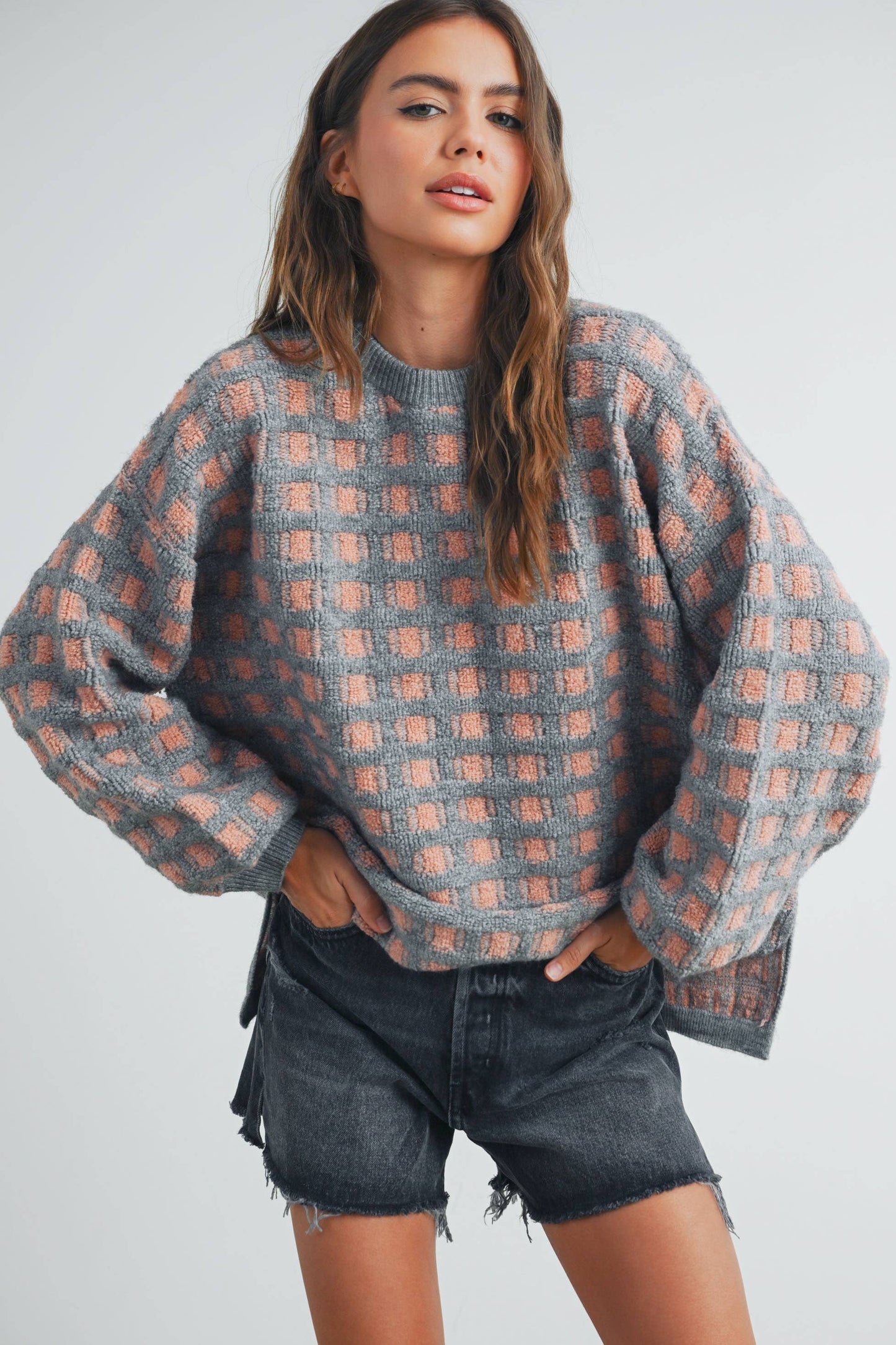 Taupe Checkered Oversized Sweater