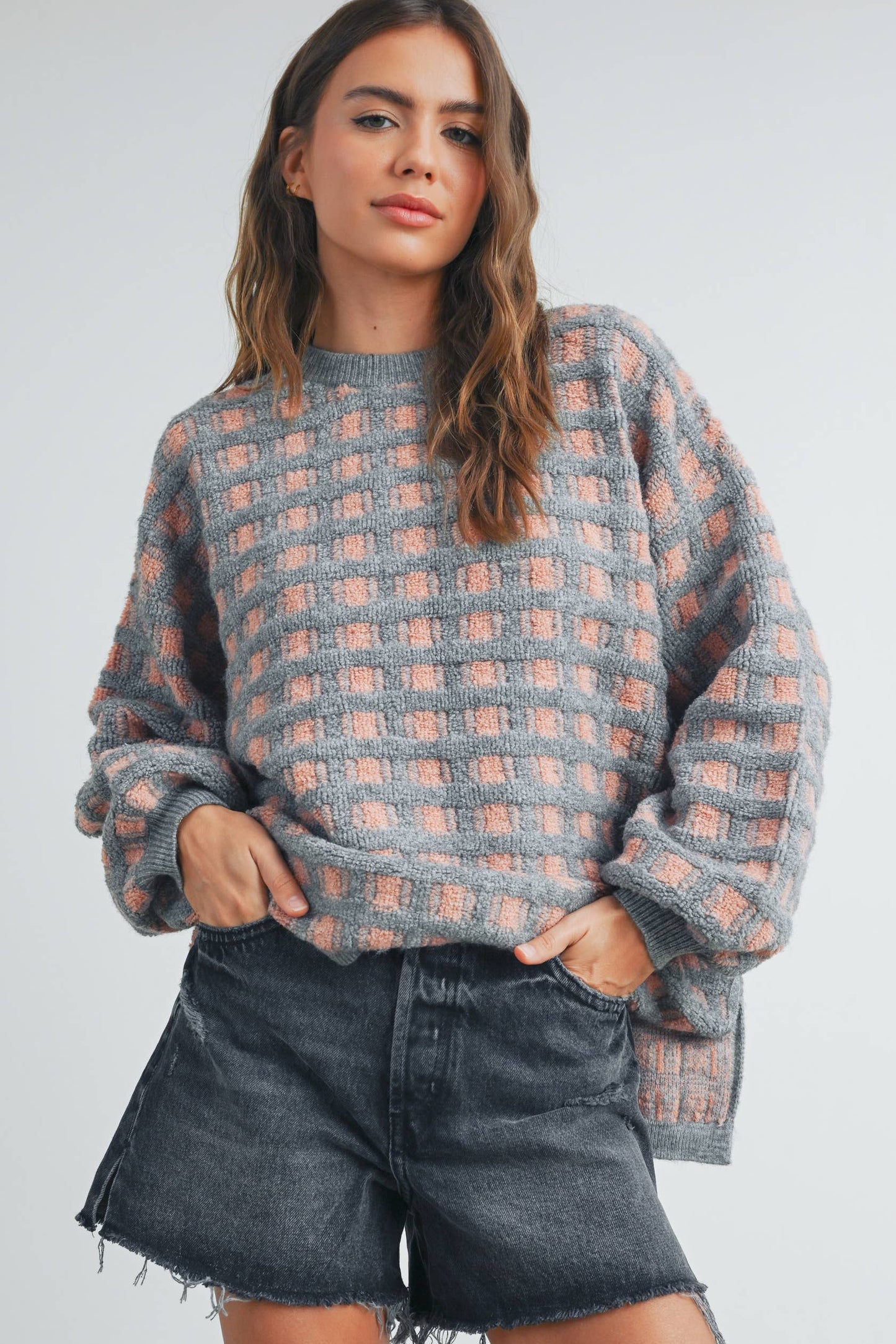 Taupe Checkered Oversized Sweater