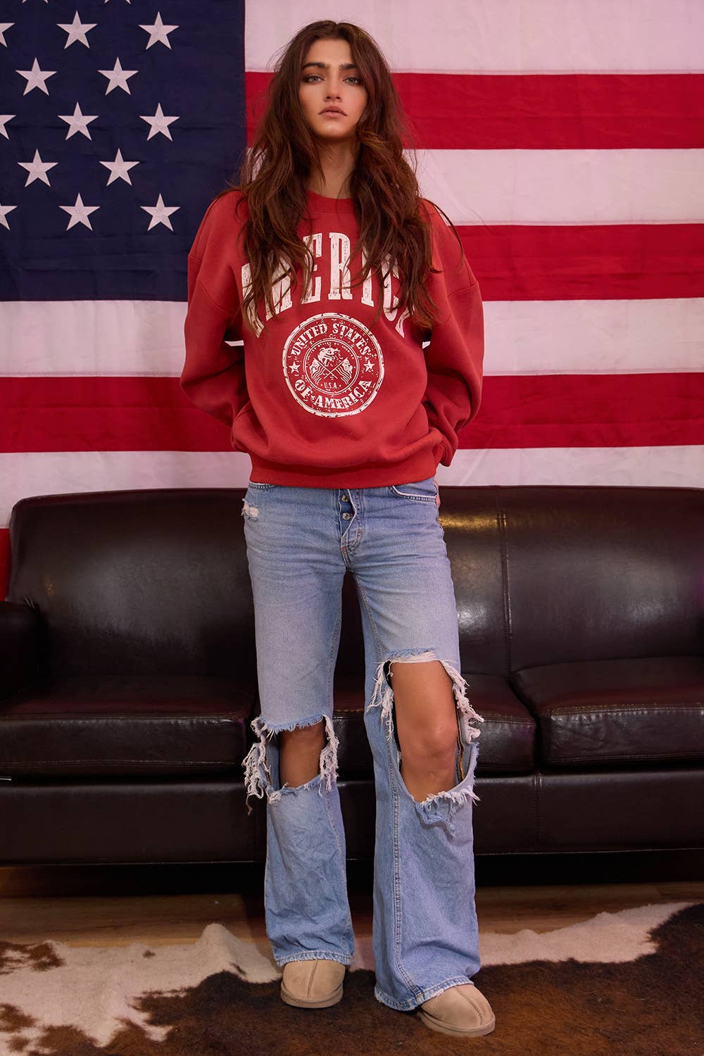 AMERICA Graphic Fleece Pullover Sweatshirt