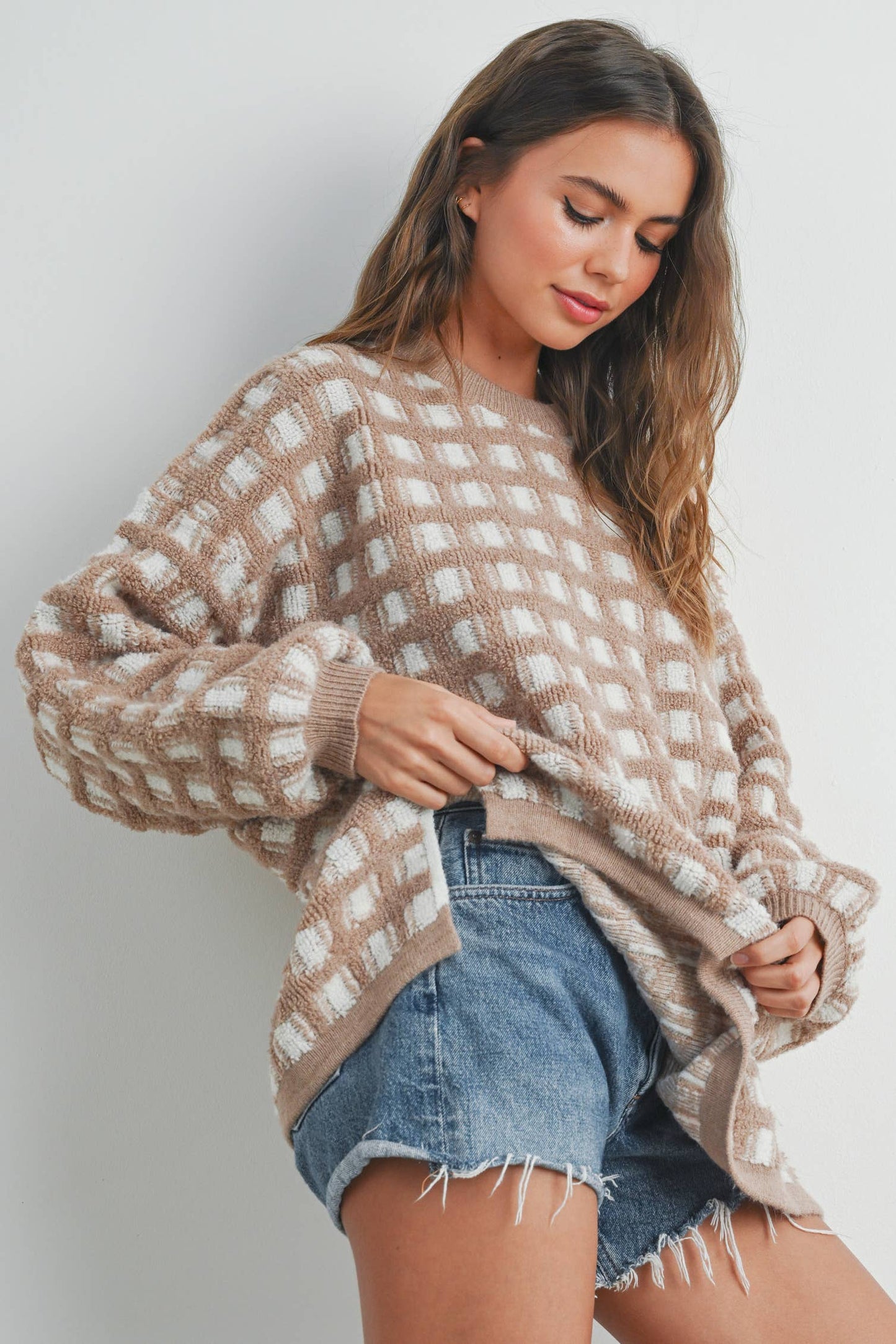 Taupe Checkered Oversized Sweater