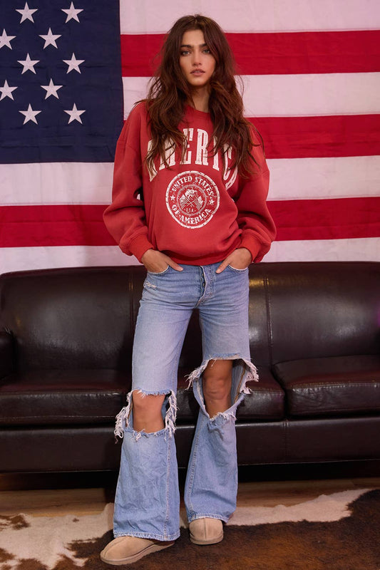 AMERICA Graphic Fleece Pullover Sweatshirt
