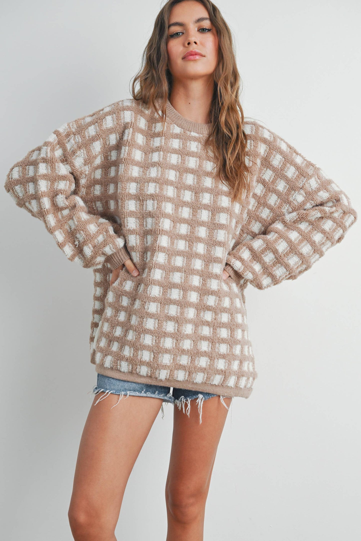 Taupe Checkered Oversized Sweater