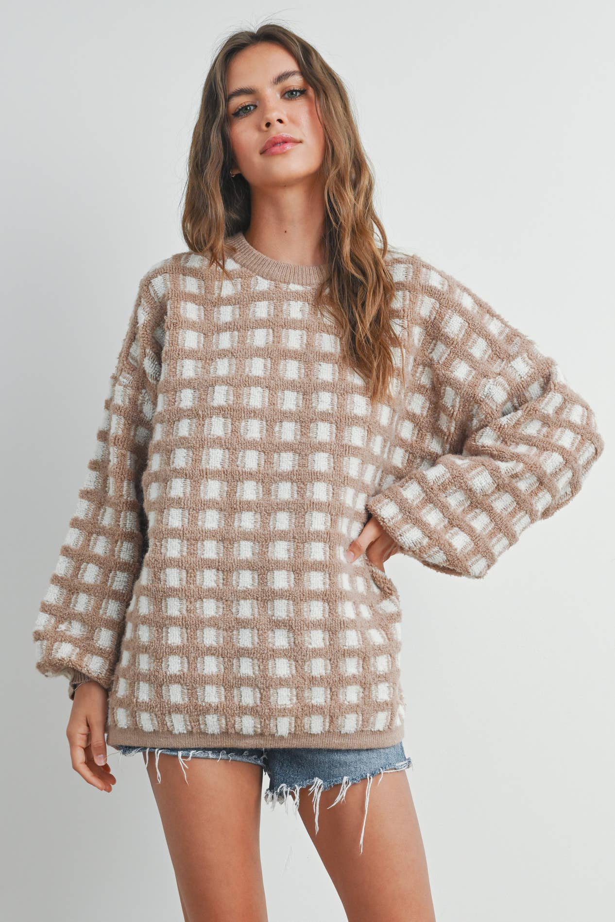 Taupe Checkered Oversized Sweater