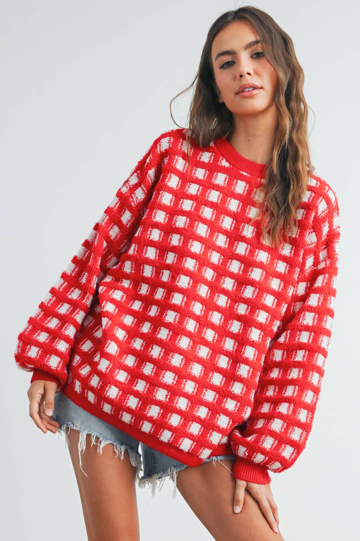 Taupe Checkered Oversized Sweater
