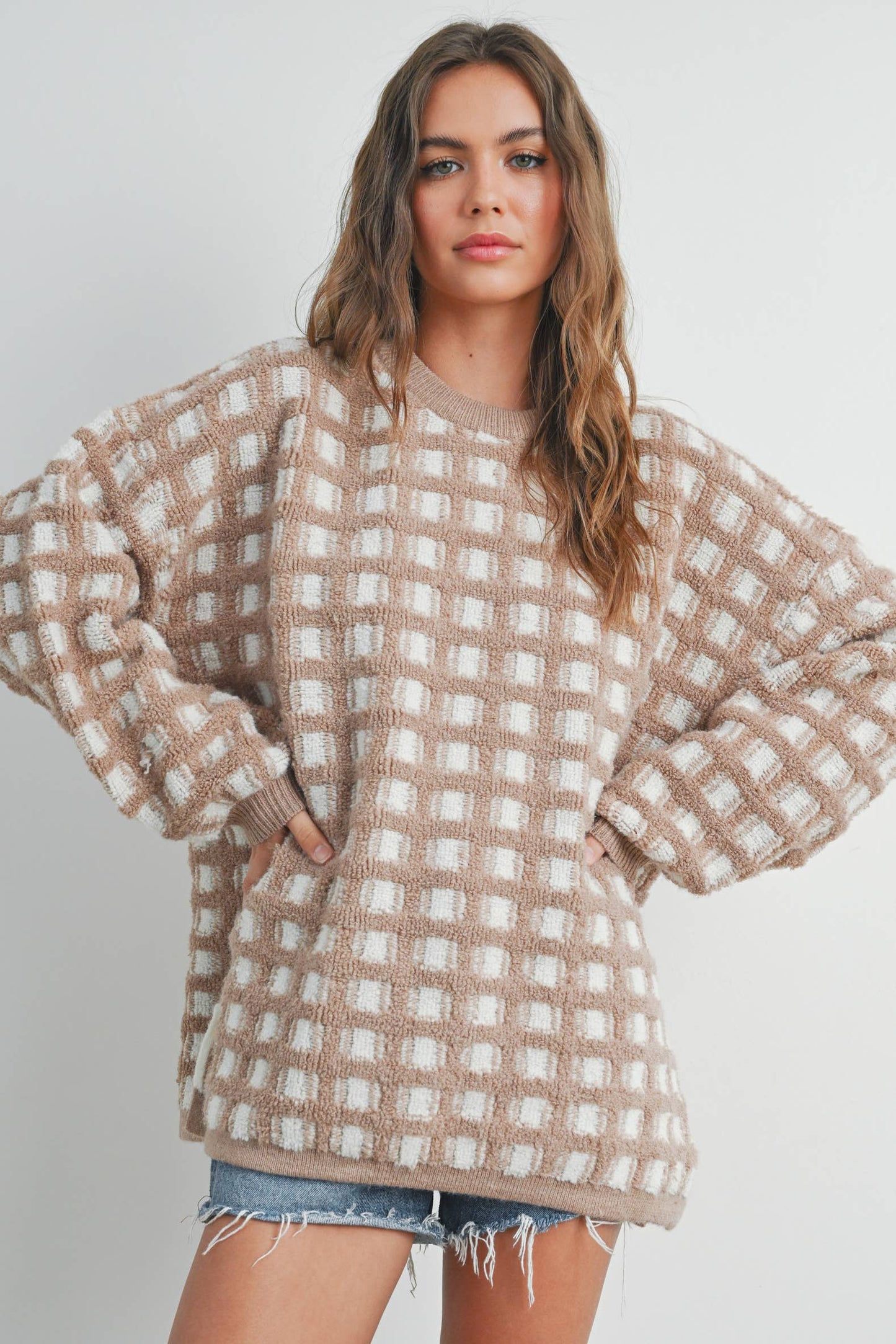 Taupe Checkered Oversized Sweater