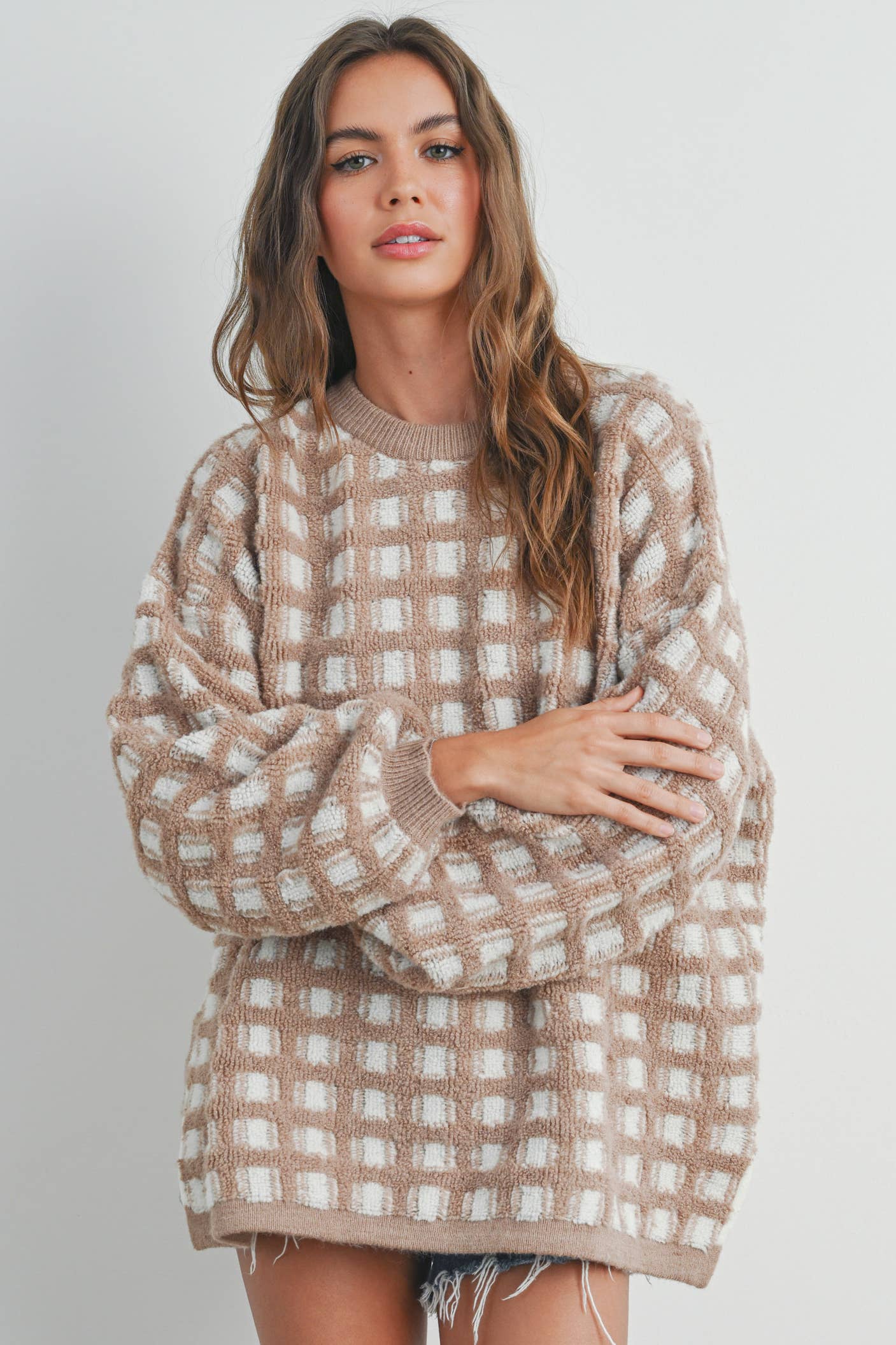 Taupe Checkered Oversized Sweater