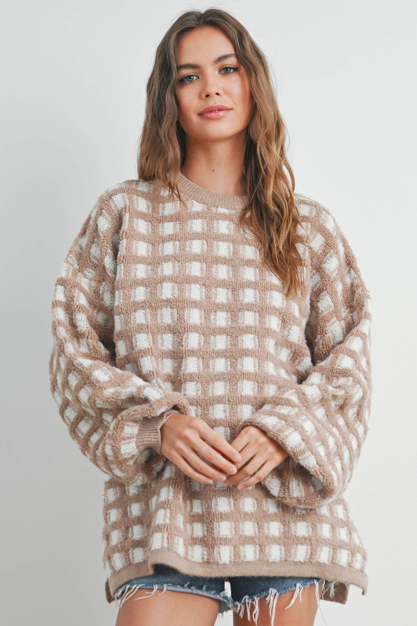 Taupe Checkered Oversized Sweater