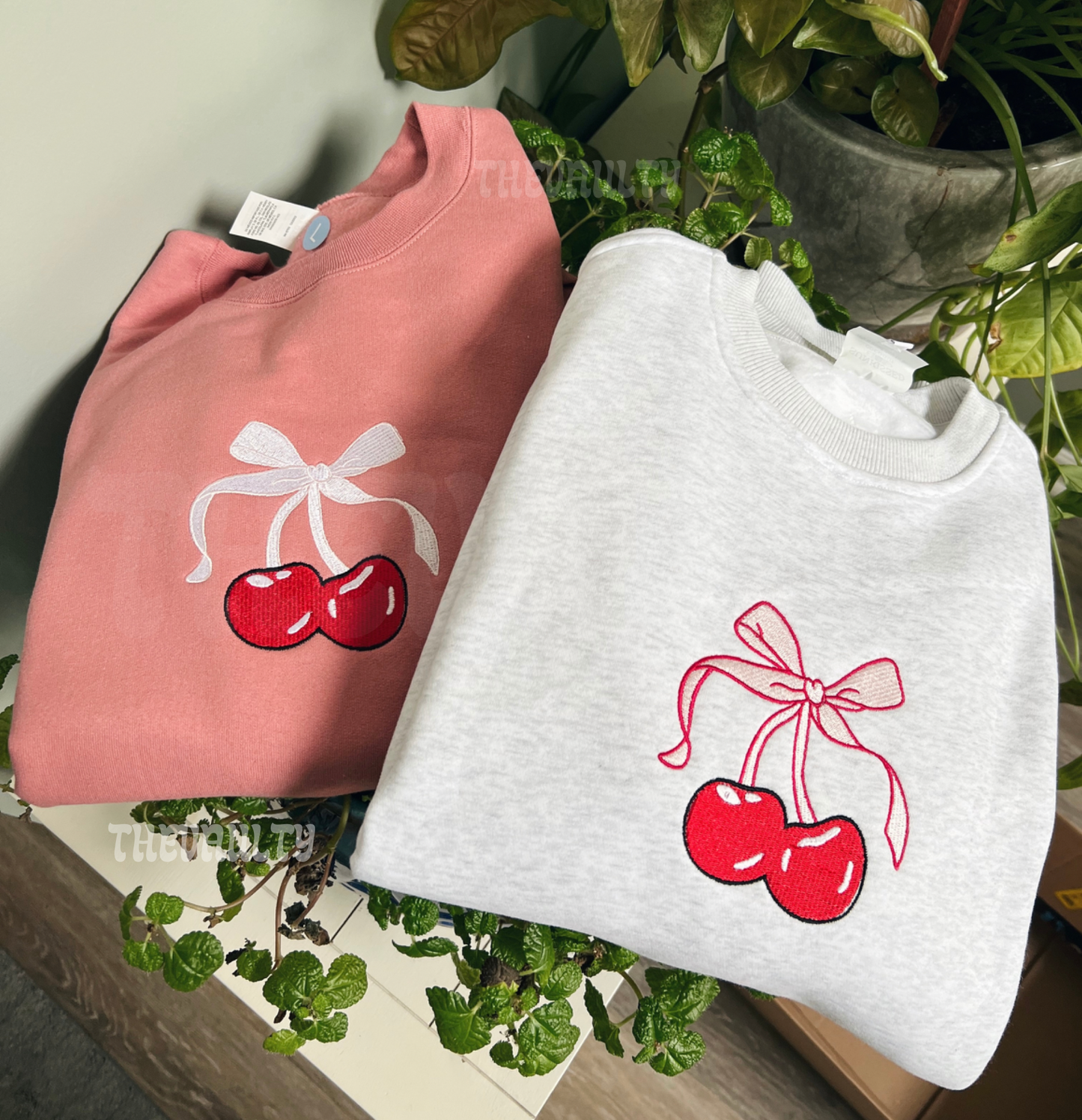 Embroidered Cherry Bow Crewneck Sweatshirt