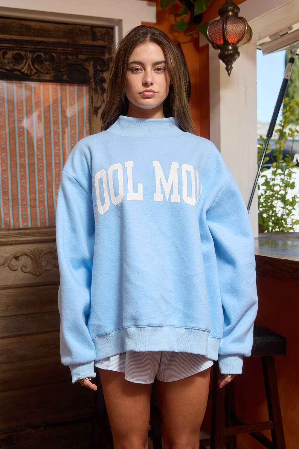 IT2594-MOTHER | 'MOTHER & COOL MOM' Reversible Sweatshirt: SKY BLUE / S/M