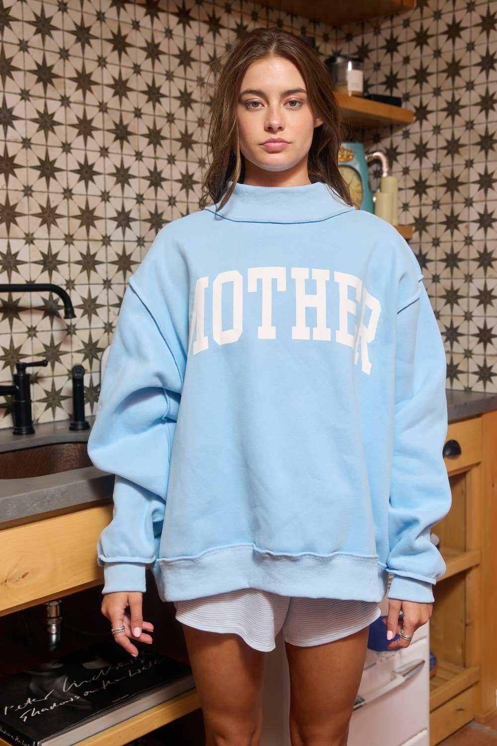 IT2594-MOTHER | 'MOTHER & COOL MOM' Reversible Sweatshirt: SKY BLUE / S/M