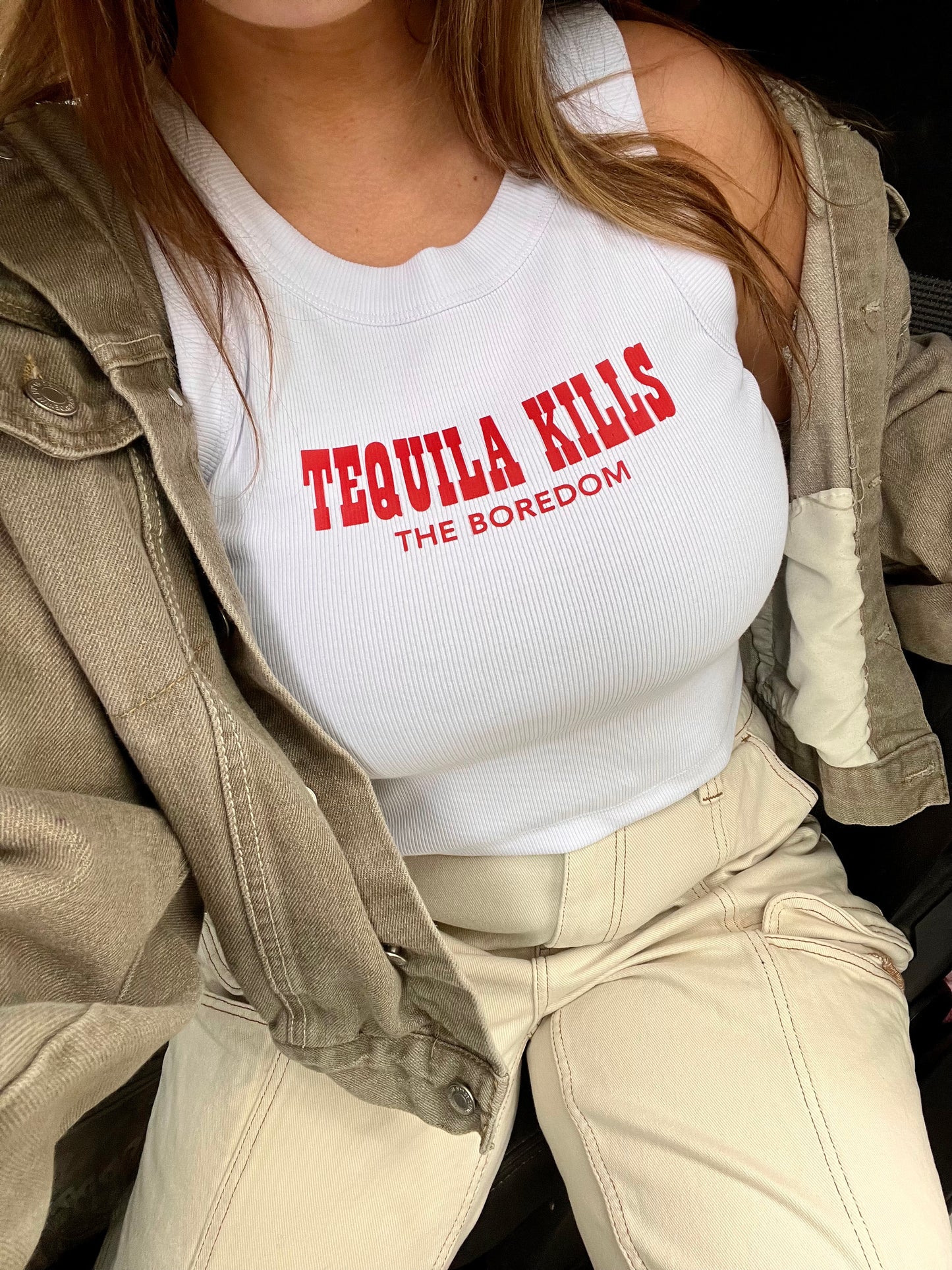 Tequila Kills The Boredom White Ribbed Tank