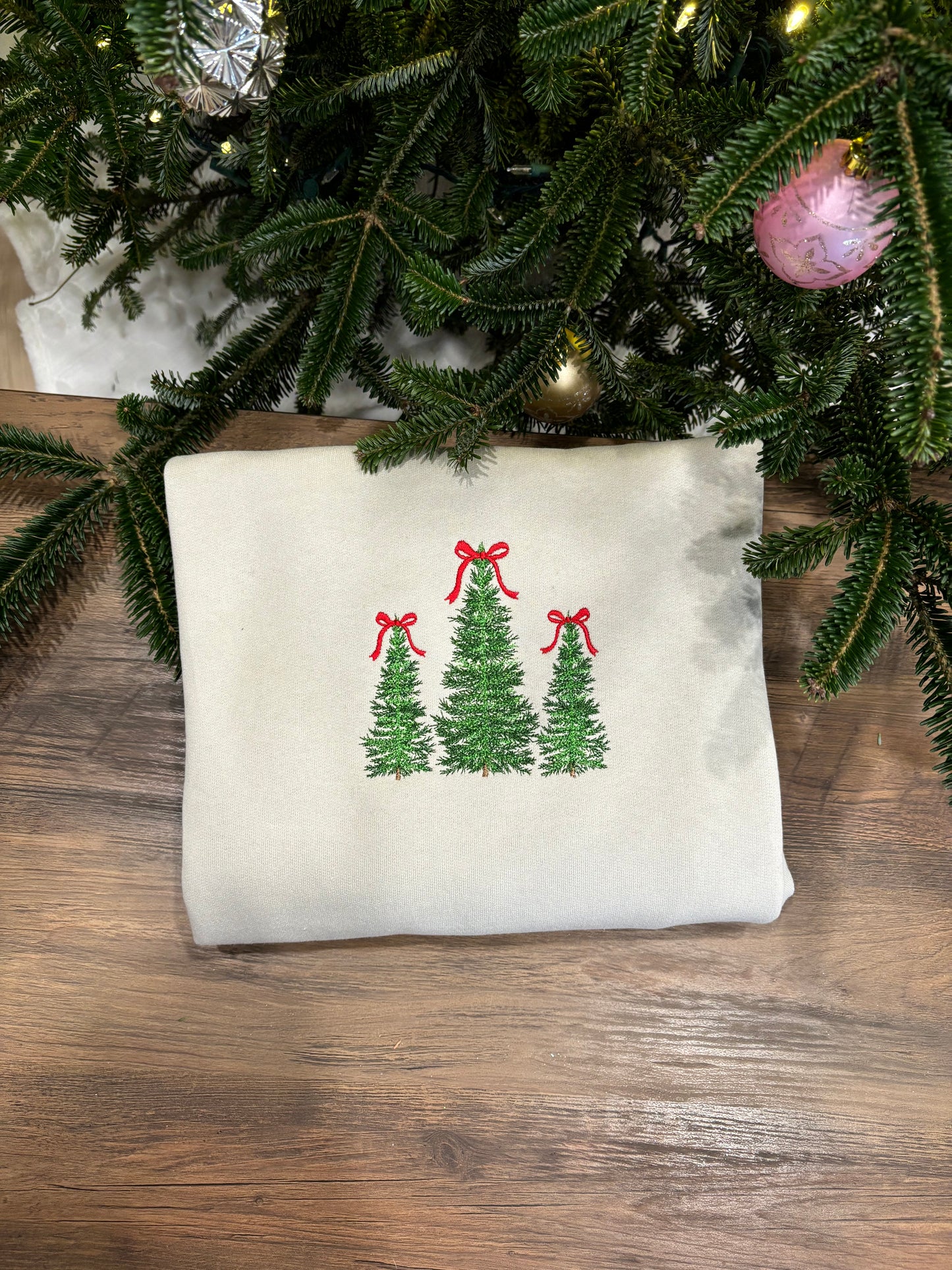 Embroidered Christmas Tree Bows Crewneck Sweatshirt