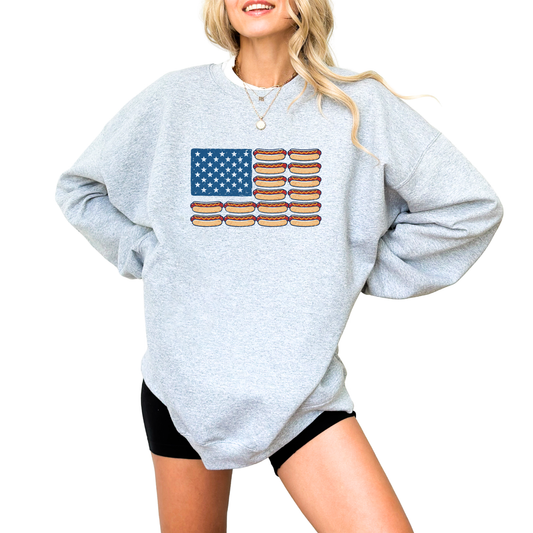 Gray sweatshirt with American flag design featuring donuts on a white background