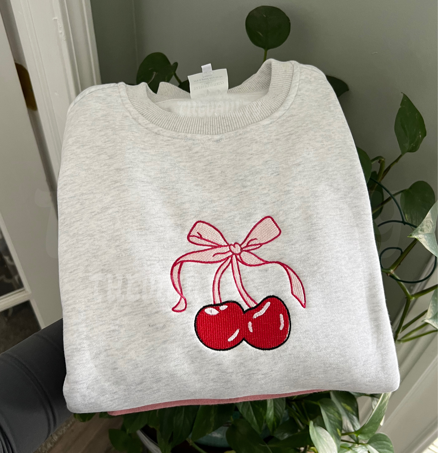 Embroidered Cherry Bow Crewneck Sweatshirt