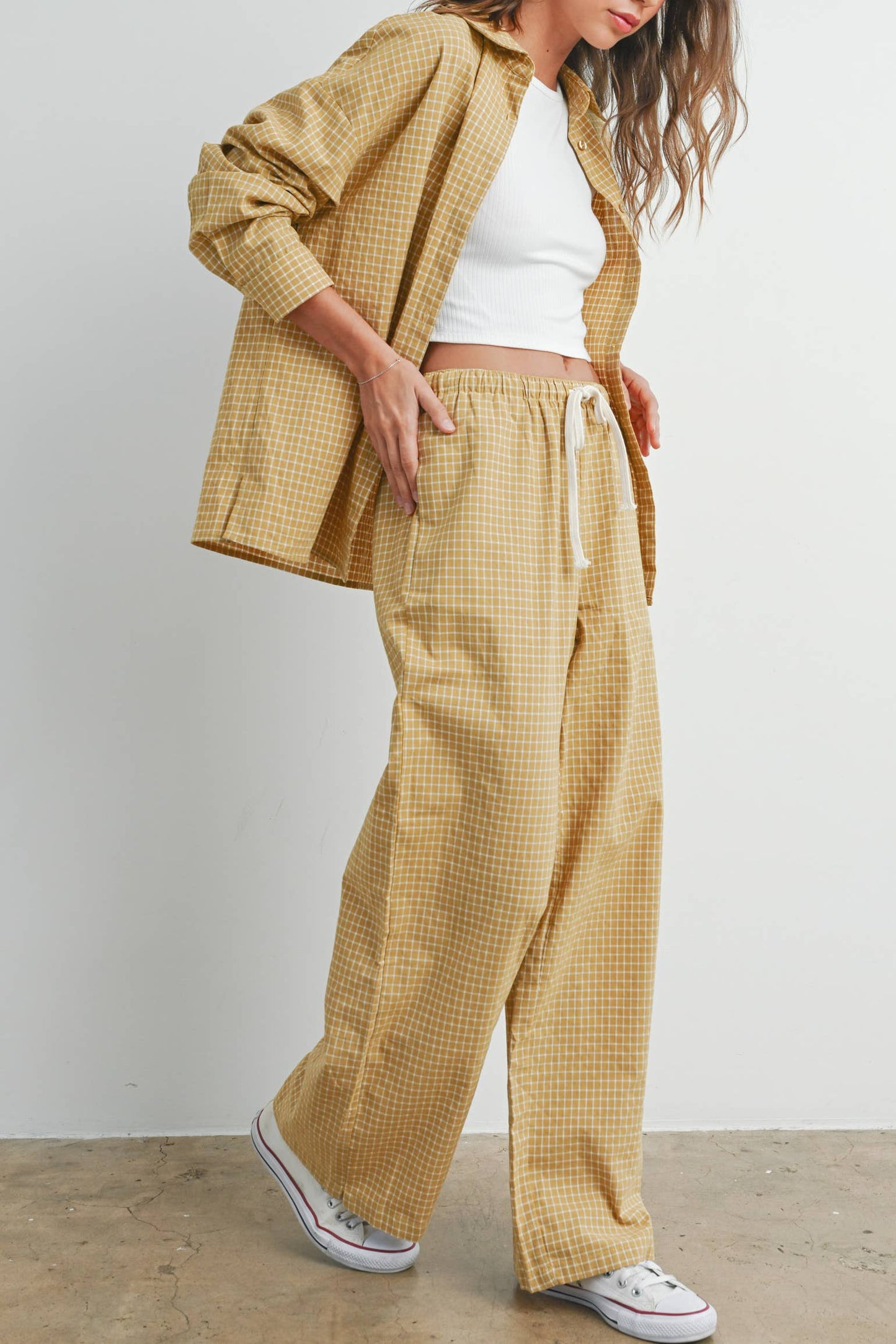 Olive Drawstring Checker Pants