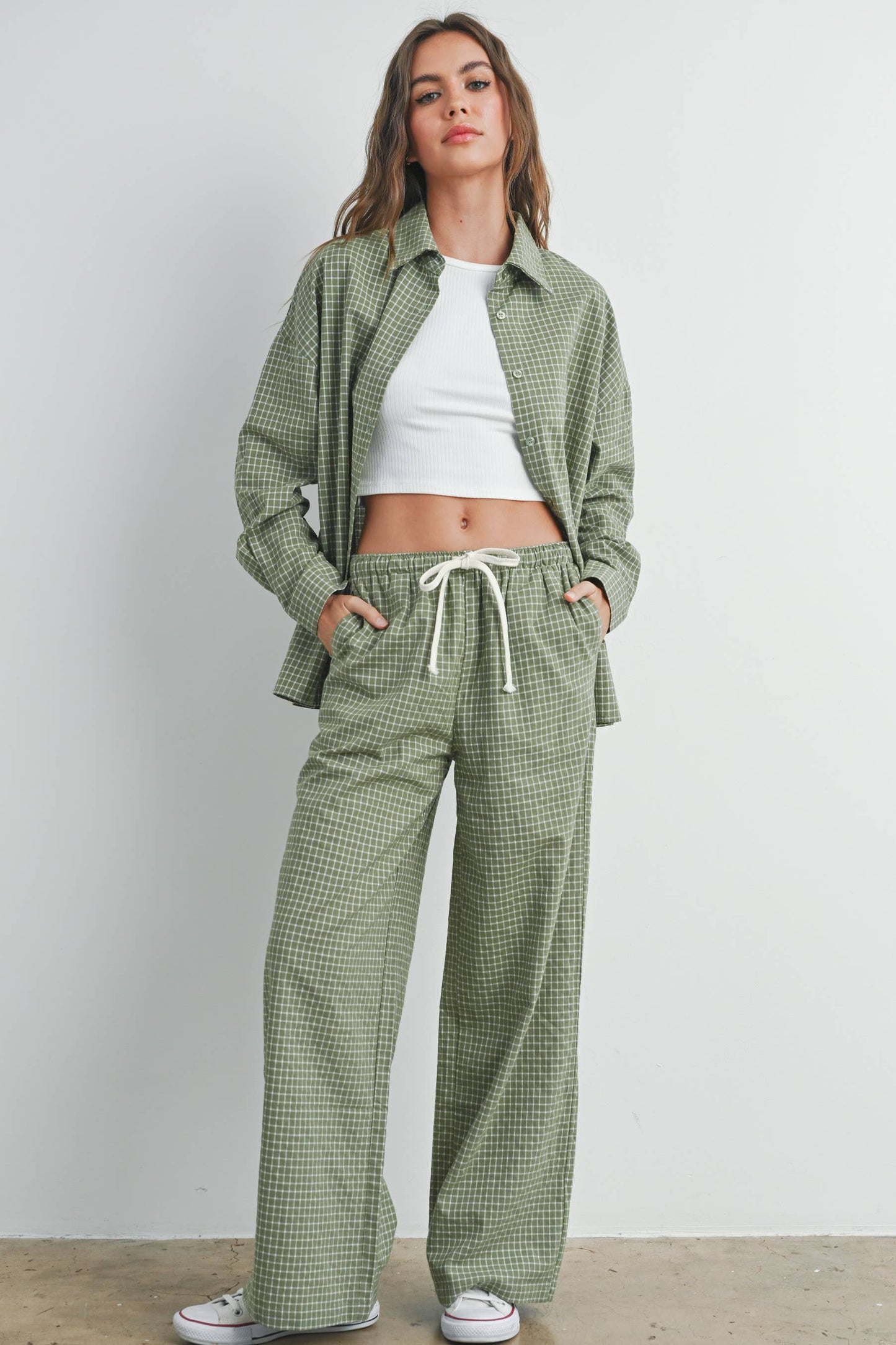 Olive Drawstring Checker Pants