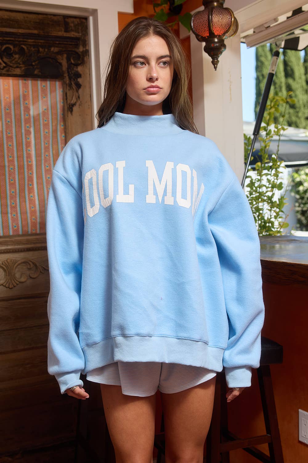 IT2594-MOTHER | 'MOTHER & COOL MOM' Reversible Sweatshirt: SKY BLUE / S/M